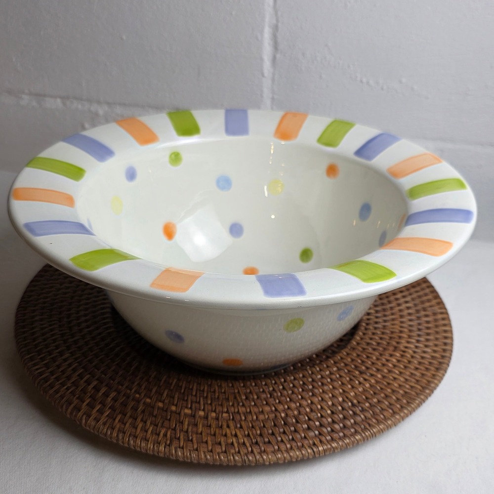 Hand Painted Ceramic Pastel Polka Dot Striped Serving Bowl
